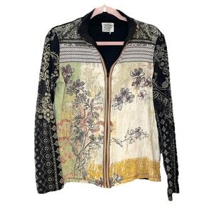 Vtg Y2K Skinny Minnie L Black Green Floral Zip Shirt Jacket Whimsigoth Sparkle